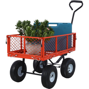 Heavy Duty Steel Garden Cart with Mesh Sides - Dark Green, Red, Yellow