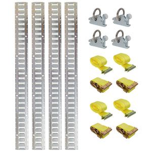 Universal E Track Tie-Down Rail Kit with Rails, O-Rings & Ratchet Straps - Steel