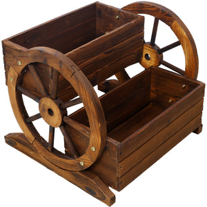 Wooden Wagon Planter Box with Two Tiers and Wheels - Fir Wood