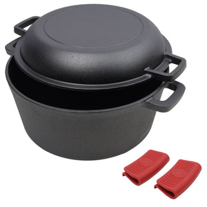 Pre-Seasoned Cast Iron Dutch Oven with Dual Handles and Covers - Black
