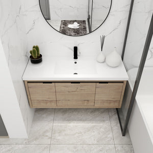 Floating Bathroom Vanity with Resin Sink and Soft-Close Doors - Wood
