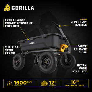 Gorilla Carts Heavy Duty 12 Cubic Foot Poly Yard Dump Garden Utility Cart, Black