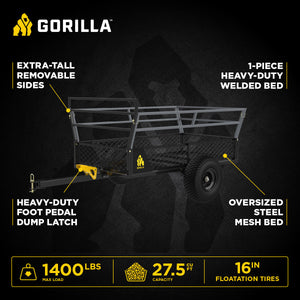 Gorilla 1400lb Steel ATV Trailer Garden Cart w/Removable Sides & 3-in-1 Tailgate