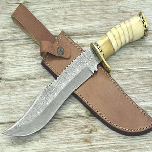 Glimmer - Damascus Bowie Knife with Bone Mosaic Handle - TRAPSKI