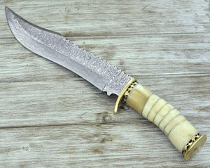 Glimmer - Damascus Bowie Knife with Bone Mosaic Handle - TRAPSKI