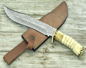Glimmer - Damascus Bowie Knife with Bone Mosaic Handle - TRAPSKI