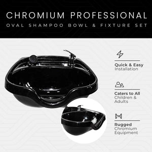 Chromium Professional Oval Shampoo Bowl and Fixture Set with Check Valve, Black