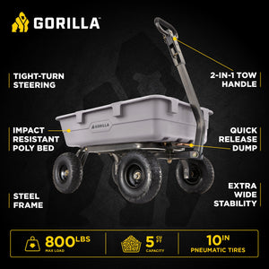 Gorilla Carts 800 Pound Capacity Heavy Duty Poly Yard Dump Utility Cart, Gray