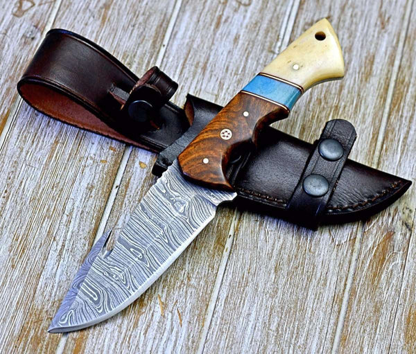 Gravity Damascus Gut Hook Hunting Knife with Exotic Rose Wood and Bone Handle