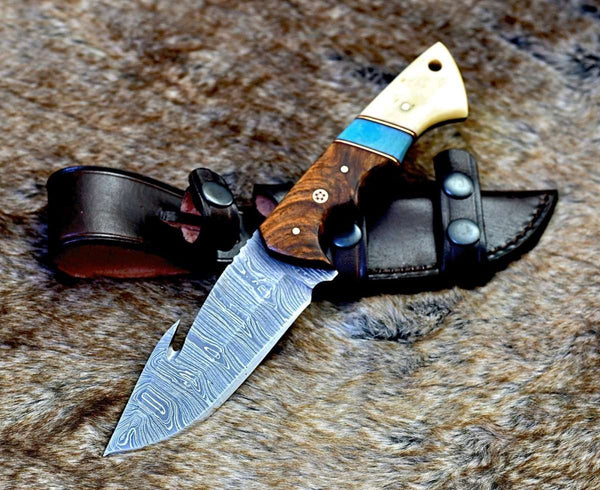 Gravity Damascus Gut Hook Hunting Knife with Exotic Rose Wood and Bone Handle