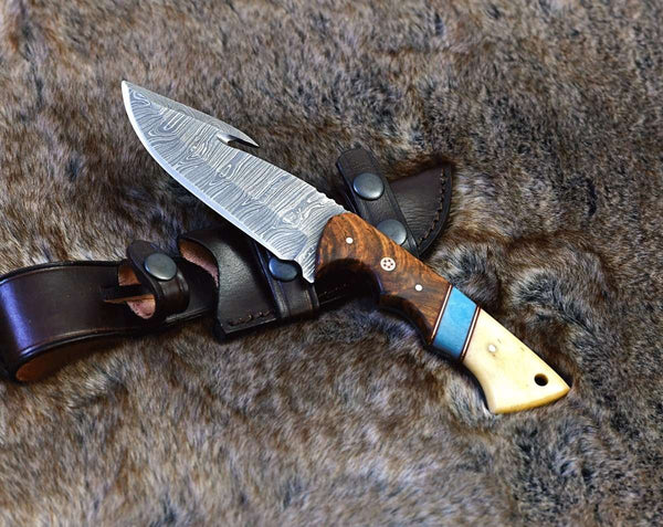 Gravity Damascus Gut Hook Hunting Knife with Exotic Rose Wood and Bone Handle