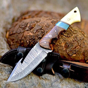 Gravity Damascus Gut Hook Hunting Knife with Exotic Rose Wood and Bone Handle - TRAPSKI