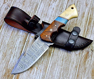 Gravity Damascus Gut Hook Hunting Knife with Exotic Rose Wood and Bone Handle - TRAPSKI