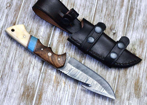 Gravity Damascus Gut Hook Hunting Knife with Exotic Rose Wood and Bone Handle - TRAPSKI