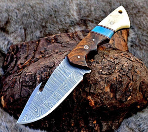 Gravity Damascus Gut Hook Hunting Knife with Exotic Rose Wood and Bone Handle - TRAPSKI