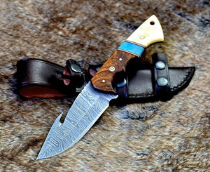 Gravity Damascus Gut Hook Hunting Knife with Exotic Rose Wood and Bone Handle - TRAPSKI