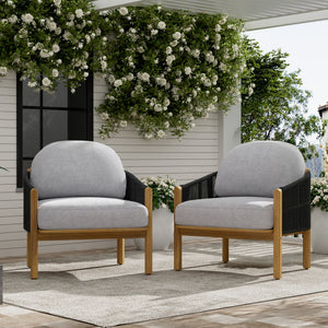 Grotta Outdoor Wood Club Chair Set of 2 with Woven Rope Detail - Gray or Beige