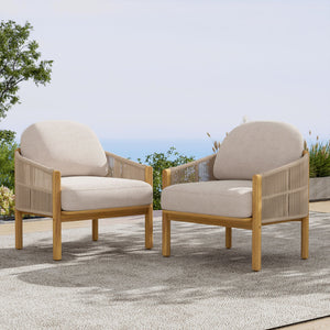 Grotta Outdoor Wood Club Chair Set of 2 with Woven Rope Detail - Gray or Beige