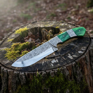 Hand Engraved D2 Hunting Knife | Camel Bone Handle