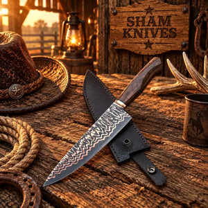 Hand Forged Copper Damascus Santoku Chef Knife Walnut Wood Handle & Copper Bolster