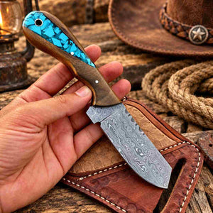 Handmade Damascus Cowboy Cutter Knife with Walnut & Turquoise Handle