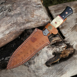 Hand Forged Damascus Steel Hunting Boot Knife With Damascus Bolster - Bull Horn & Bone Handle