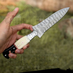 Hand Forged Damascus Steel Hunting Boot Knife With Damascus Bolster - Bull Horn & Bone Handle