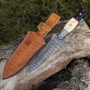 Hand Forged Damascus Steel Hunting Boot Knife With Damascus Bolster - Bull Horn & Bone Handle