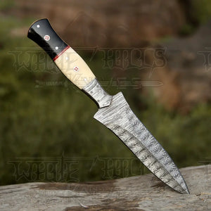 Hand Forged Damascus Steel Hunting Boot Knife With Damascus Bolster - Bull Horn & Bone Handle