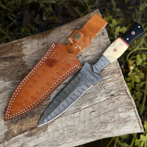 Hand Forged Damascus Steel Hunting Boot Knife With Damascus Bolster - Bull Horn & Bone Handle