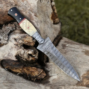 Hand Forged Damascus Steel Hunting Boot Knife With Damascus Bolster - Bull Horn & Bone Handle