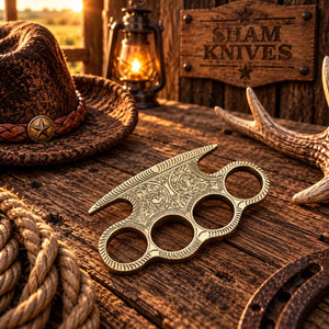 Hand-Tooled Western Engraved Brass Grip with Leather Storage Sheath