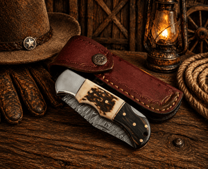 Handcrafted Damascus Pocket Knife – Engraved Folding Knife with Stag Horn & Pakka Wood Handle | Custom EDC Hunting Knife Gift for Men