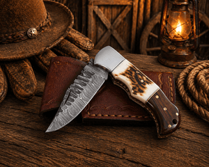 Handcrafted Damascus Pocket Knife – Engraved Folding Knife with Stag Horn & Wood Handle | Custom Gift for Men, EDC Hunting Knife