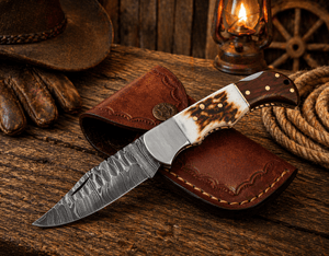 Handcrafted Damascus Pocket Knife – Engraved Folding Knife with Stag Horn & Wood Handle | Custom Gift for Men, EDC Hunting Knife