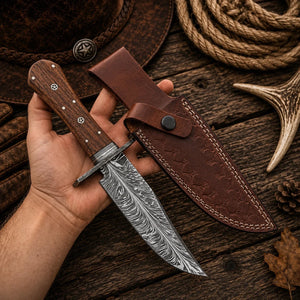 Handmade 11" Feather Damascus Bowie Knife with Rosewood Handle & Leather Sheath