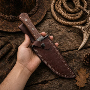 Handmade 11" Feather Damascus Bowie Knife with Rosewood Handle & Leather Sheath
