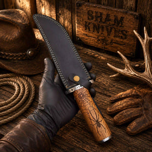Web of Steel Bowie Knife – Damascus & Spider Engraved Walnut Wood Handle