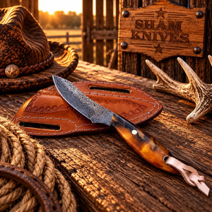Handmade Buckaroo Belt Knife – 3.5” Raindrop Damascus Blade with Pancake Leather Pouch