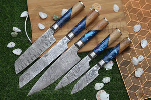 Handmade Chef Set, 5 Piece Damascus Steel Chef Knife Set, Kitchen Knife Set with Leather Cover