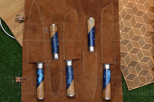 Handmade Chef Set, 5 Piece Damascus Steel Chef Knife Set, Kitchen Knife Set with Leather Cover