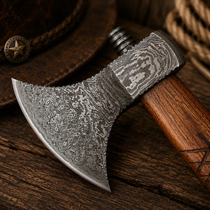 Custom Damascus Steel Axe with Rosewood Handle | Handmade Camping Hatchet