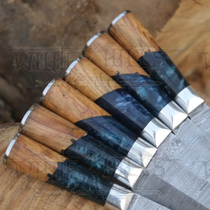 Handmade Damascus Chef Knife Set, 6 Pieces Damascus Steel Chef Knife Set, Kitchen Knife Set with Leather Cover