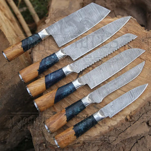 Handmade Damascus Chef Knife Set, 6 Pieces Damascus Steel Chef Knife Set, Kitchen Knife Set with Leather Cover