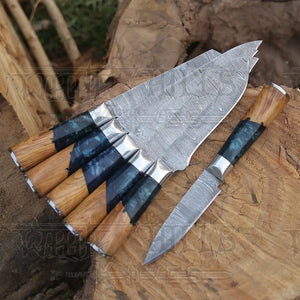 Handmade Damascus Chef Knife Set, 6 Pieces Damascus Steel Chef Knife Set, Kitchen Knife Set with Leather Cover