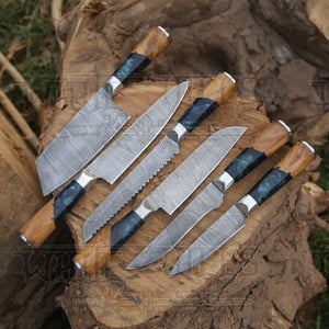 Handmade Damascus Chef Knife Set, 6 Pieces Damascus Steel Chef Knife Set, Kitchen Knife Set with Leather Cover