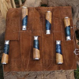 Handmade Damascus Chef Knife Set, 6 Pieces Damascus Steel Chef Knife Set, Kitchen Knife Set with Leather Cover