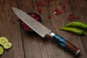 Handmade Damascus Chef Knife Set, 6 Pieces Damascus Steel Chef Knife Set, Kitchen Knife Set with Leather Cover - Rosewood & Resin Handle