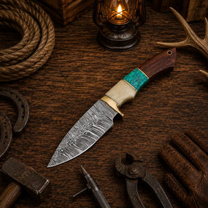 Custom Damascus Hunting Knife – Turquoise & Rosewood Handle