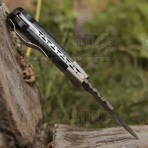 Handmade Damascus Folding Knife with Pocket Clip - 6.5'' Back Lock Folding Knife Bull Horn Handle - Camping Knife